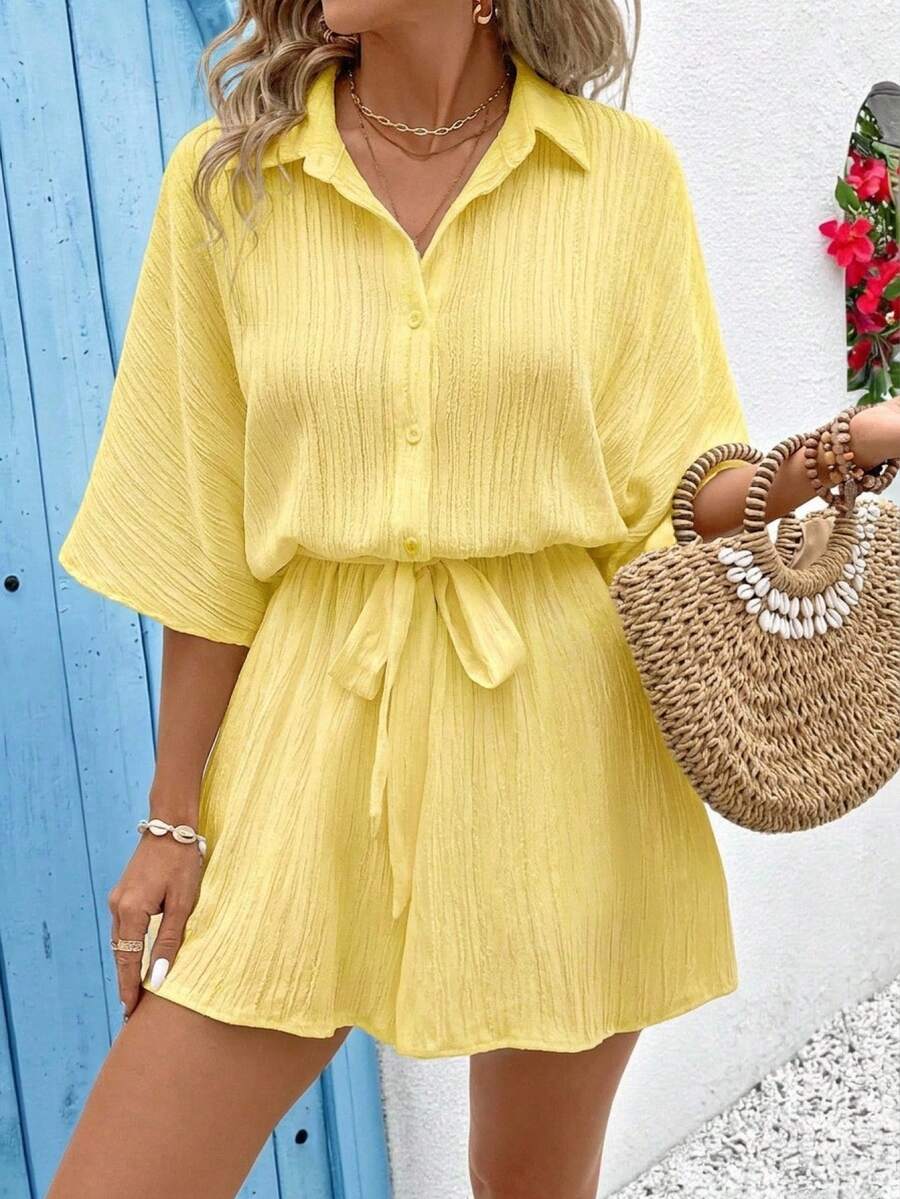 Vivid Eden 女士时尚纹理纯色纽扣系带连体衣 - 黃色 - 查看 1