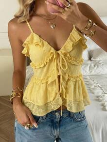 CovetEZ Áo camisole nữ màu vàng kiểu dáng thường ngày, có bèo nhún, buộc dây phía trước. - Màu vàng - Xem 3