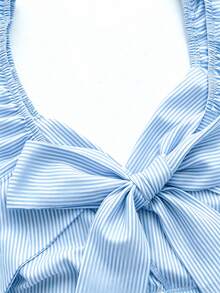 SHEIN Franclia Abito da donna con scollo a V, maniche a volant, vita plissettata, schiena scoperta, laccio e stampa a pois, abito casual da vacanza per primavera/estate - Blu e Bianco - Visualizzare 4