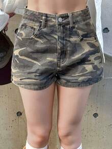 FRIFUL Women's Pocketed Button Camo Casual Y2k Disco Streetstyle Versatile Daily Wear Denim Shorts, Summer Music Dark Green Rave Night Club - Blue - View 1