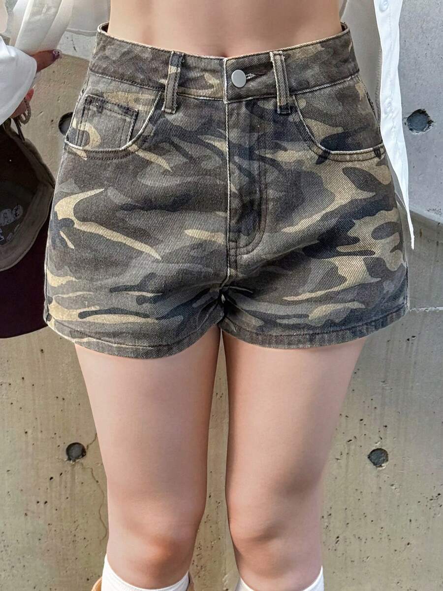 FRIFUL Women's Pocketed Button Camo Casual Y2k Disco Streetstyle Versatile Daily Wear Denim Shorts, Summer Music Dark Green Rave Night Club - Blue - View 1