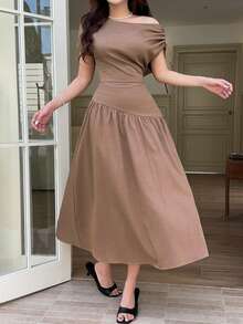 Feyla Women's Solid Color Ruched Asymmetric Waist Elegant Elegant Midi Dress For Party Garden Party Coffee Brown Summer - Coffee Brown - View 4