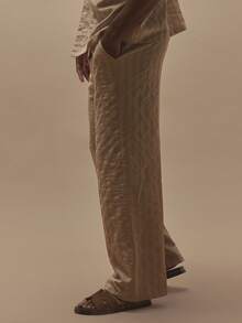 Musero Pantalones rectos con cintura con cordón elástico y botón, con textura de rayas, esenciales de primavera/verano - Albaricoque - Ver 3