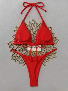 Swim Basics Women's Summer Vacation Beach Solid Color Bikini Set - Red - View 1