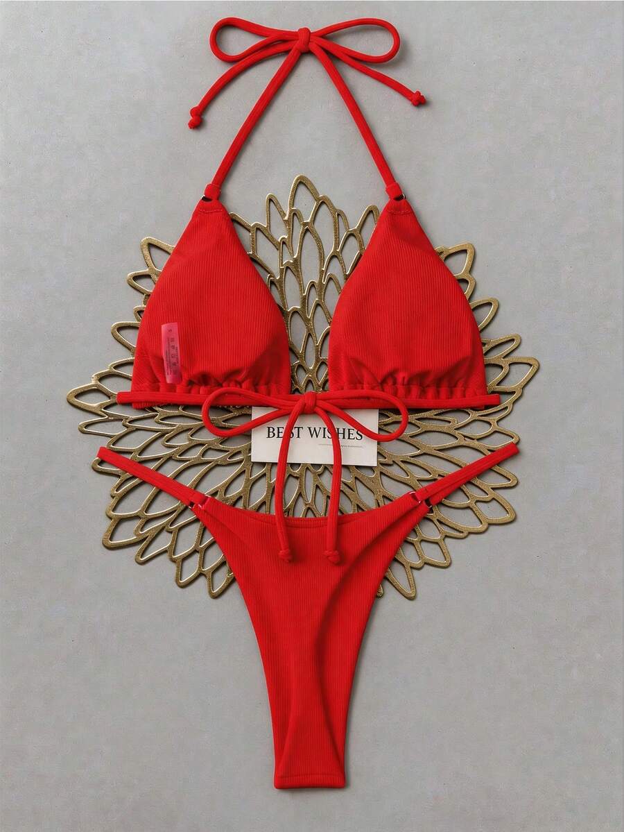 Swim Basics Women's Summer Vacation Beach Solid Color Bikini Set - Red - View 1