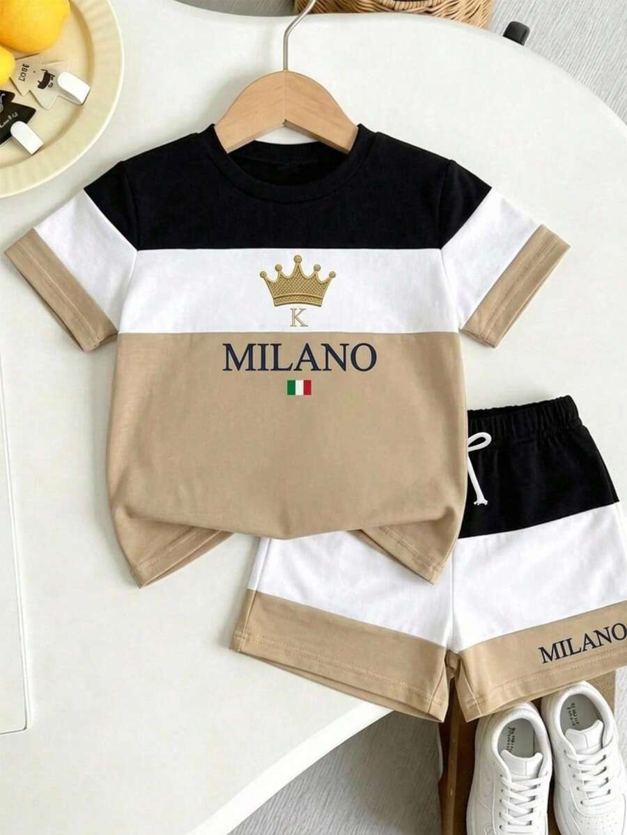 SHEIN Bộ áo thun và quần short in chữ khối màu sắc cho bé trai. - Nhiều màu - Xem 1