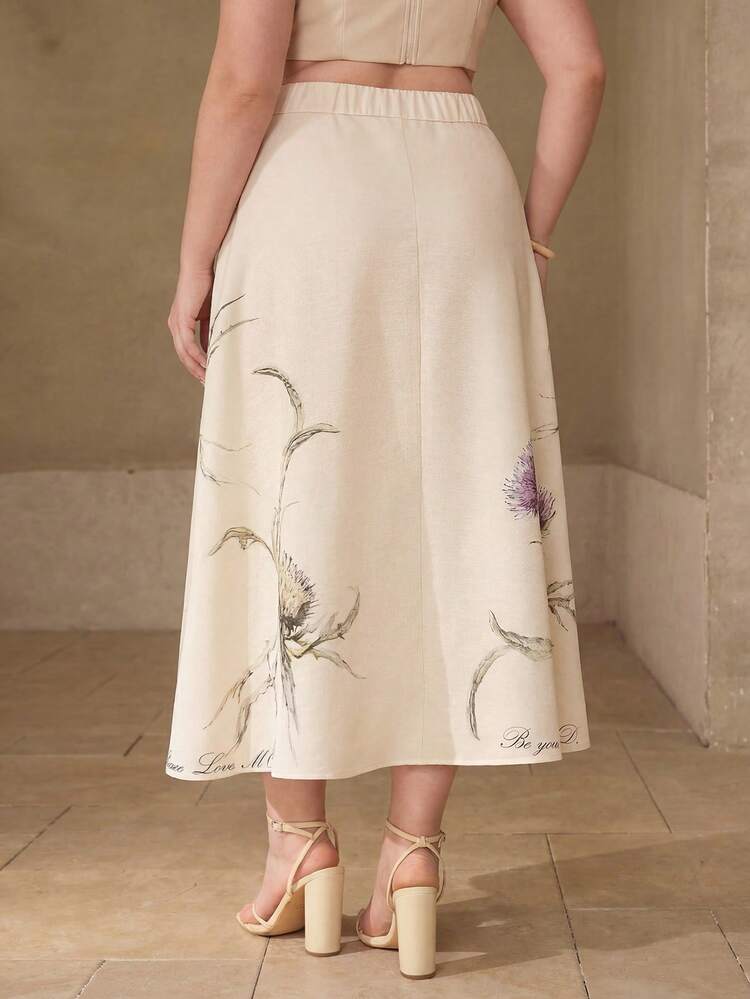 PLUS SIZE WOMEN'S PLANTS PRINTED A-LINE SKIRT, SPRING/SUMMER