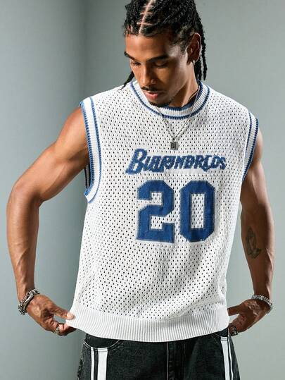 ROMWE MEN Camiseta de punto deportiva casual con diseño hueco y patrón numérico para hombre