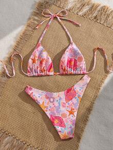Swim Mod Summer Vacation Sexy Fashion Allover Shell Print Halter Tie Two Pieces Bikini Set - Multicolor - View 2