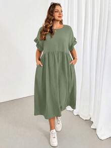 Shapeblank Plus-Size Women's Sage Green Summer Smart Casual Holiday Midi Dress,Ruffled Sleeves Pocket Loose Comfortable Everyday Basic Versatile Style - Mint Green - View 3