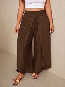 Elaquor Plus Size Casual Boho Solid Color Wrap Wide Leg Pants Vacation Brown Summer - Brown - View 6