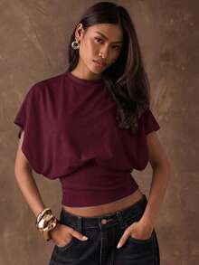 SHEIN BAE 95%纯棉短袖T恤，酒红色，适合夏季穿着 - 彩色 - 查看 5