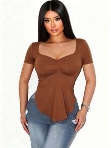Camiseta de manga larga para mujer con cuello cuadrado minimalista de unicolor, diseño de bajo asimétrico de - Óxido marrón - Ver 7