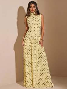 SHEIN BAE Đầm chữ A không tay cổ cao xếp ly màu vàng nền chấm bi nâu, đầm thanh lịch, đầm đi nghỉ mát, đầm phù dâu, đầm dự tiệc sinh nhật, đầm đi học/lễ tốt nghiệp. - Màu vàng - Xem 5