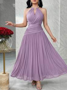 Feyla Women's Summer Solid Color Ruched Backless Halter Dress - Purple - View 1