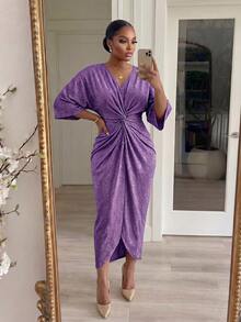 SHEIN Lady CURVE Plus Size Elegant Party Glitter Twist Waist Purple Dress Spring Summer Dress Party Dress Wedding Guest Dress For Women Birthday Dress  Elegant Dresses For Women Vacation Sparkly Dress Spring/Summer Dress  Party Dress  Wedding Guest Dress For Women  Birthday Dress  Elegant Dresses For Women Sparkly Dress Twist Front Dress Purple Elegant Dress Women - Purple - View 6
