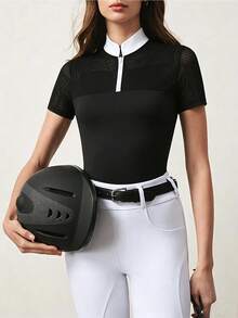 SHEIN With My Calm Women's Contrast Color Zipper Design Short Sleeve Equestrian Top - Black - View 4