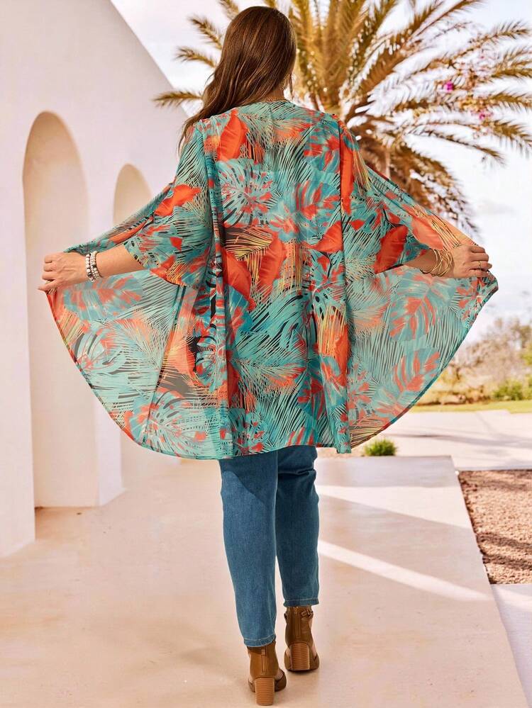 Plus Size Summer Vacation Leaf Print Asymmetric Hem Front Open Jacket Beach Outfits  Beach Cover-Up Women Summer Outfits Plus Size Spring Outfits Plus Size Summer Jackets Outer Wear For Summer Women Plus Size Women Clothes Clothes For Ladies