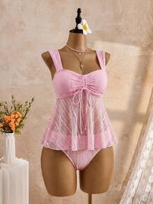 Swim Mod 26SS Spring/Summer Vacation Beach Cute Yellow Jacquard Embroidery Camisole & Bikini Set - Pink - View 3