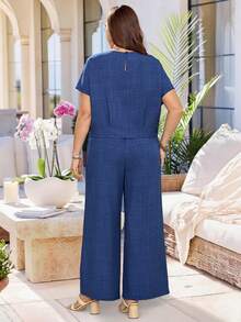 Rosumi Plus Size Women's Royal Blue Summer Casual Vacation 2-Piece Set,Round Neck Short Sleeve Solid Cropped Top And Wide Leg Pants,Holiday Boho Outfits - Navy Blue - View 3