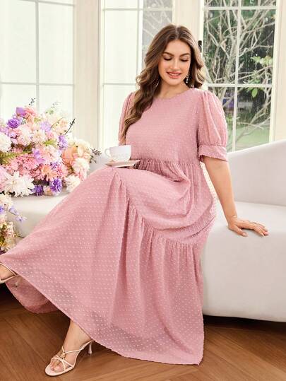 Al Najma Women's Round Neck Short Sleeve Chiffon Cutout Flared Hem Elegant Romantic Plus Size Arabic Dress