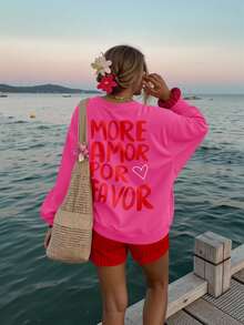 DrmWander Damen Buchstaben-Muster Lässig Rundhals Langarm Sweatshirt - Heißes Pink - Übersicht 3