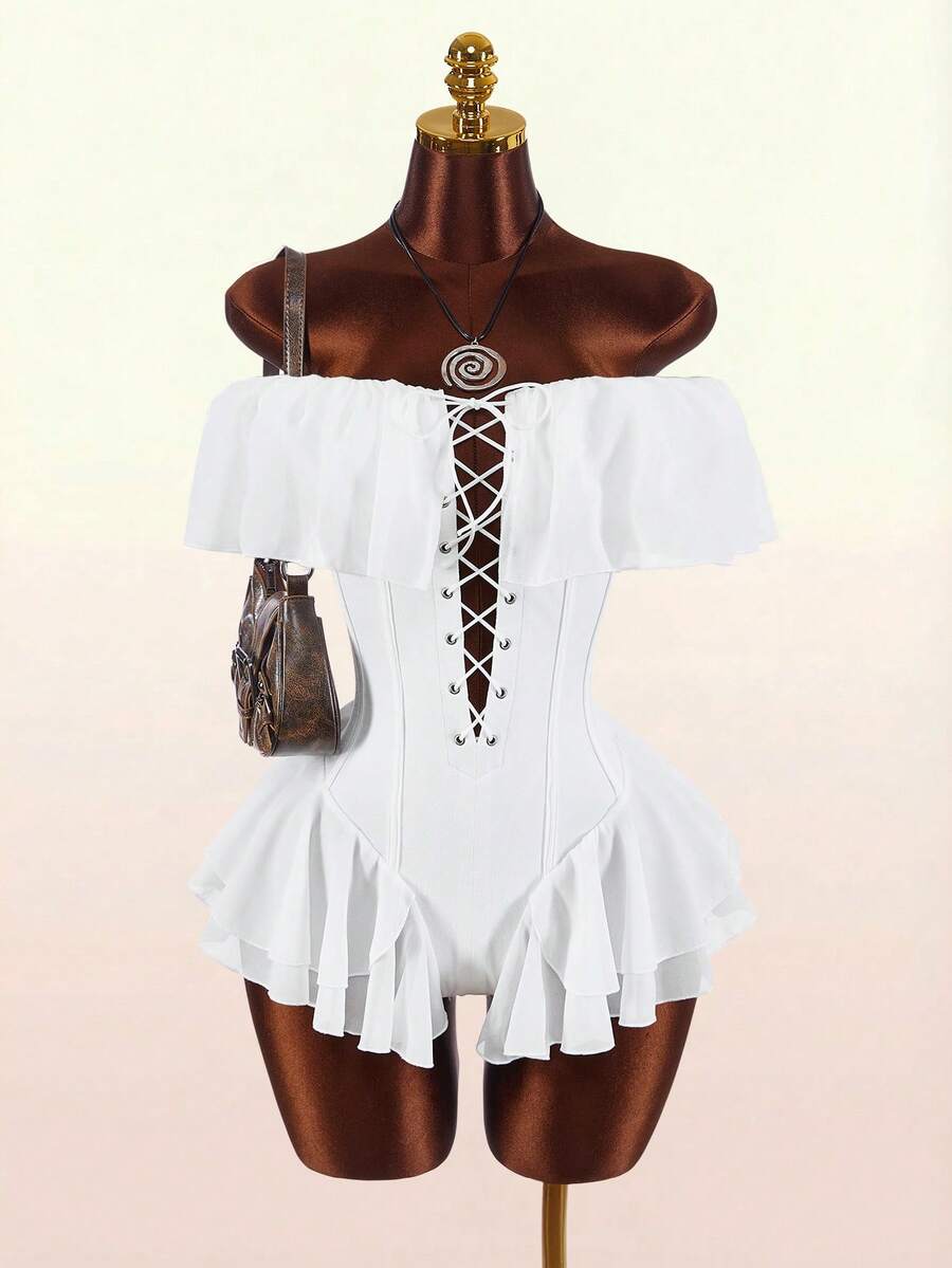 Amplova Bộ jumpsuit dáng chữ A trễ vai, xếp ly eo, lãng mạn cho kỳ nghỉ của phụ nữ - trắng - Xem 1