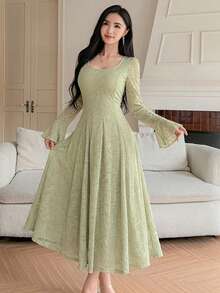 DAZY Vestido midi elegante de mujer con textura de pétalos florales y mangas, vestidos de verano para mujer - Verde Pastel - Ver 3
