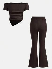 Girlism 青少年女孩套裝，棕色系針織提花單肩不對稱下擺上衣配喇叭褲，夏季休閒度假日常穿著拍照款 - 棕色 - 查看 5