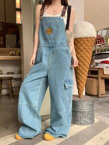 DAZY Bộ áo liền quần denim phối màu tương phản dành cho nữ, kiểu dáng đường phố thường ngày, quần yếm denim đã qua xử lý. - Rửa trung bình - Xem 8