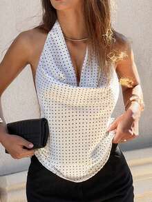 DAZY Chaleco elegante de verano para mujer con cuello drapeado y espalda descubierta con estampado de lunares - Blanco - Ver 5
