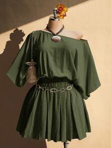 SHEIN ICON 大码女式休闲纯色不对称领连衣裙 - 軍綠色 - 查看 3