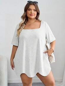SHEIN CURVE+ Quần áo cỡ lớn/Quần áo mùa thu/Quần áo nữ mùa đông/Quần áo mùa đông cho nữ/Áo thun tay ngắn cổ vuông vạt lệch có túi cỡ lớn màu đen cỡ lớn 8XL quần áo nữ cỡ lớn 6XL quần áo nữ cỡ lớn 5XL cỡ lớn áo cỡ lớn, trang phục ngày lễ cho nữ quần áo mùa thu cho nữ, mùa đông, CURVE PLUS - Màu Xám nhạt - Xem 4