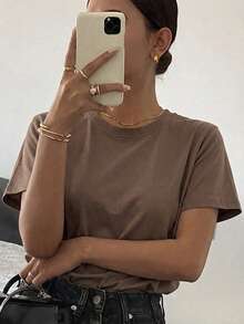 DAZY 女士休闲纯色基础款短袖T恤 夏季 - 棕色 - 查看 2