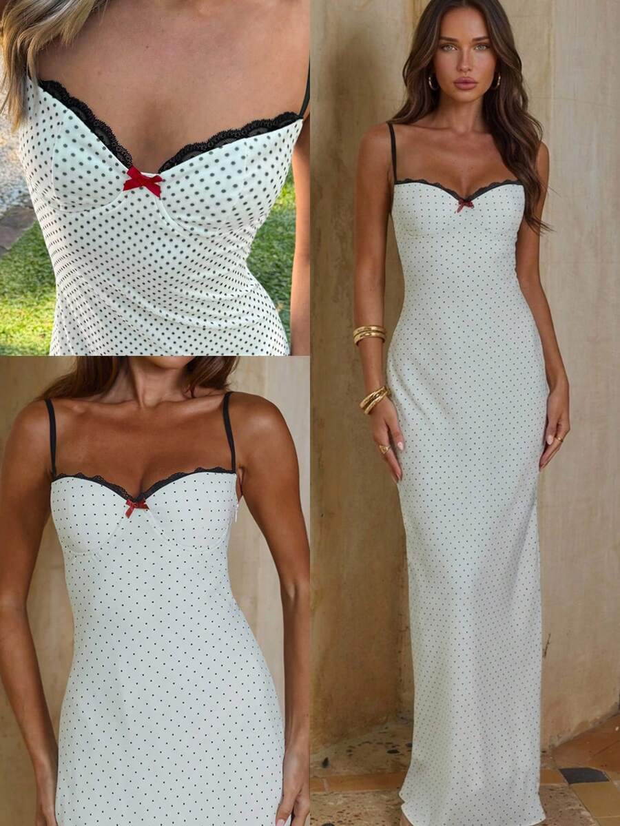 Aloruh Vestido de malla con estampado de lunares al estilo francés elegante para mujer - Multicolor - Ver 1