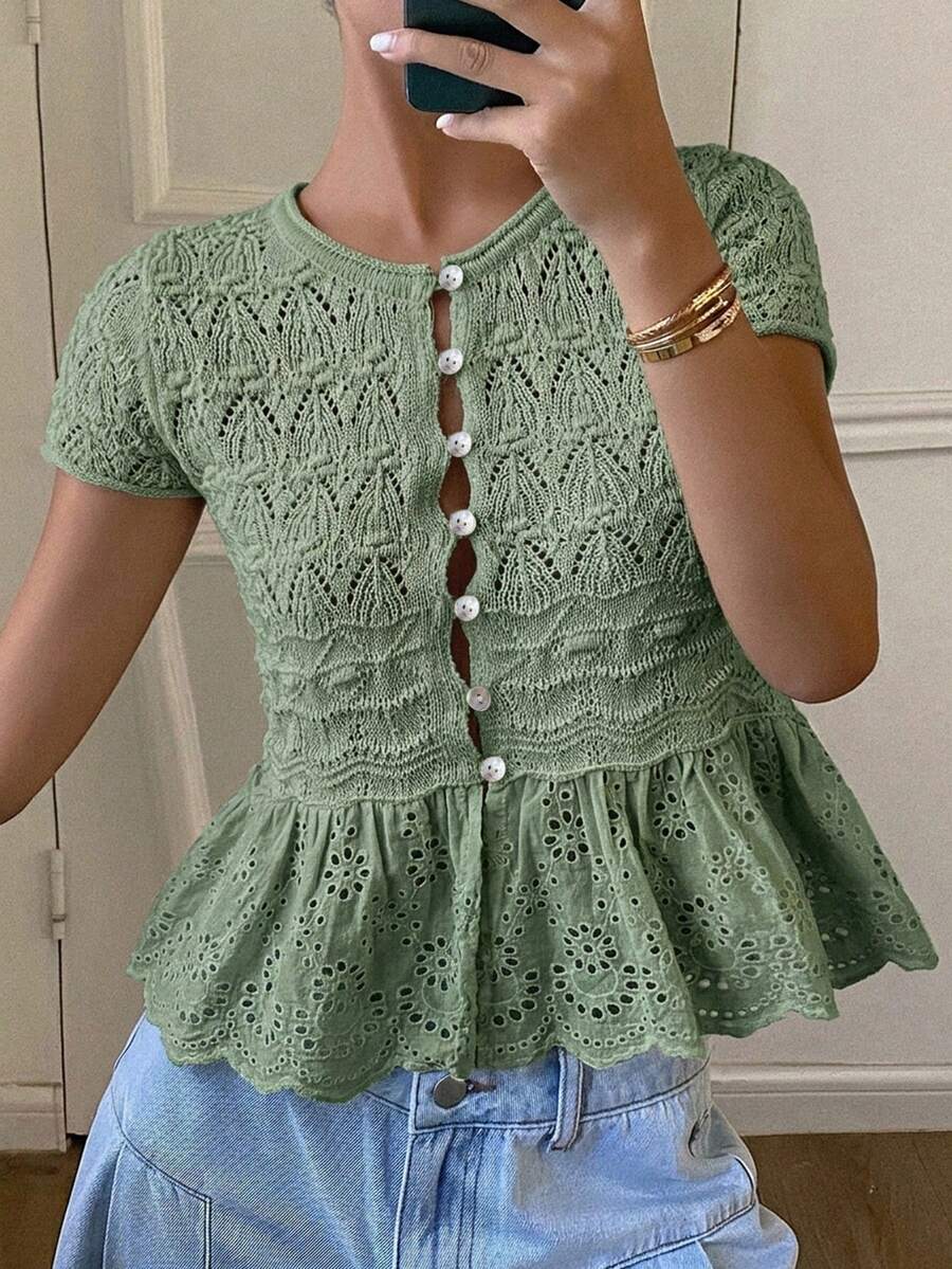 DAZY Women's Solid Color Patchwork Ruffle Hem Casual Vacation Round Neck Short Sleeve Knit Sweater, Autumn - Green - View 1