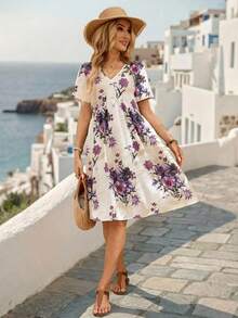 EMERY ROSE Women's Floral Print V-Neck Casual Boho Short Sleeve Mini Dress, Summer,Dresses For Women Summer Vacation White Flower - Multicolor - View 7