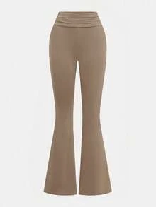 SHEIN Girlism Tween Girl Casual Fitted Light Blue Ruched Crew Neck Top And Ruched Waist Flare Pants Set - Khaki - View 7