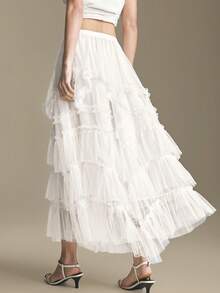 Ontre 2026 Women's Off-White Autumn Elegant Party Multi-Layer Ruffle Hem Mesh Patchwork Date Night Skirt,Cruise Attire Wedding Guest Dress,Old Money Style - White - View 3