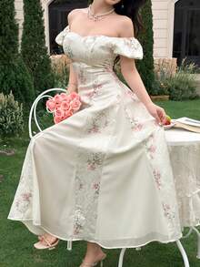Feyla Vestido de mujer con estampado floral elegante, hombros descubiertos y mangas con volantes - Multicolor - Ver 3