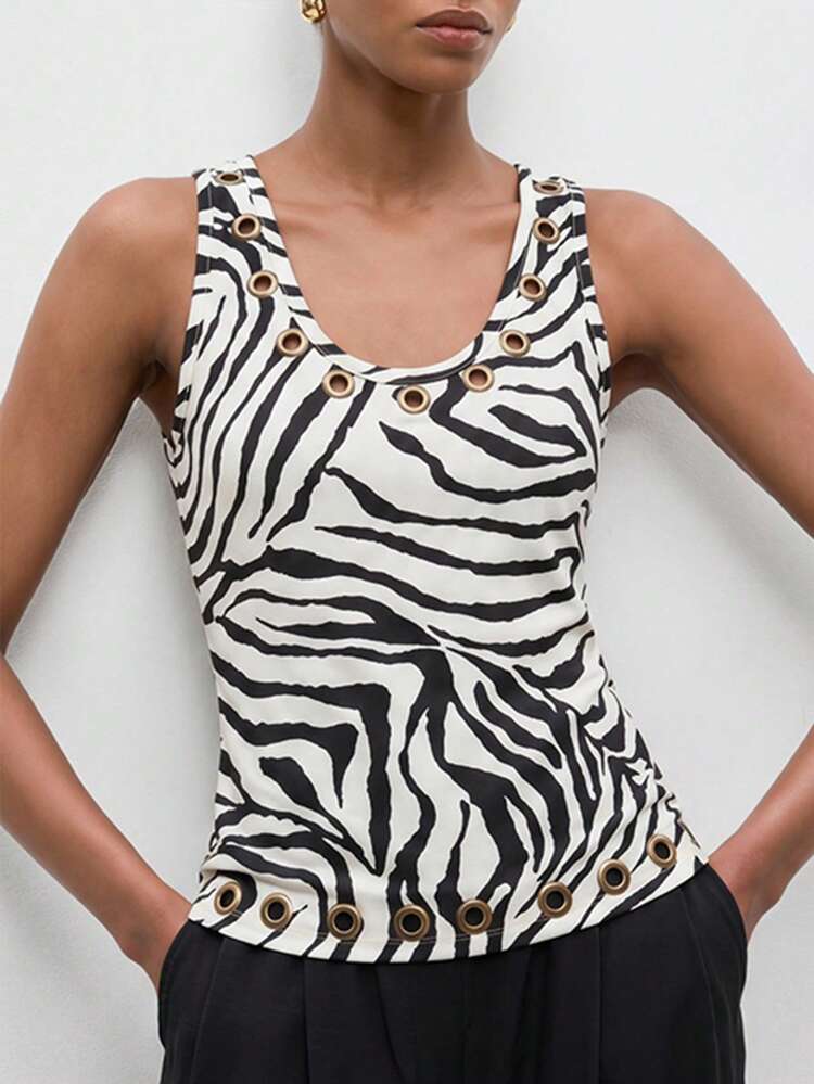 SHEIN Maija Regata Ajustada com Detalhe de Ilhós e Estampa de Zebra, Moda Casual de Verão para Mulheres, Férias e Passeio