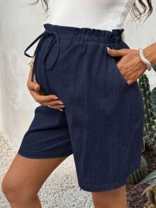 Boho Mama Adjustable Waist Textured Maternity Shorts, Fashionable Versatile Solid Color Tie-Up - Royal Blue - View 8