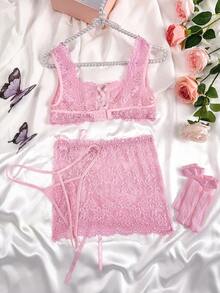 SHEIN 4pcs Lace Patchwork Tie-Up Sexy Mini Skirt & Stockings Lingerie Set - Pink - View 5