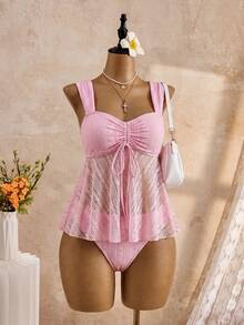 Swim Mod 26SS Spring/Summer Vacation Beach Cute Yellow Jacquard Embroidery Camisole & Bikini Set - Pink - View 6