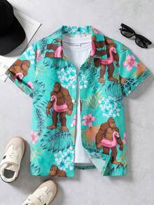 Camisa de manga corta con patrón de vacaciones lindo para niño preadolescente, adecuada para playa, viajes, escuela, campus, universidad - Multicolor - Ver 1