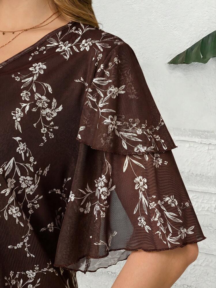 EMERY ROSE Áo kiểu dáng rộng rãi dành cho nữ, cổ chữ V, tay ngắn, in hoa, tay bồng, thích hợp cho mùa hè, kỳ nghỉ hè, du lịch, đơn giản và thời trang cho mặc hàng ngày. - Cà phê nâu - Xem 4