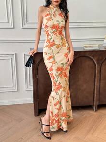 EastFlair Đầm cổ yếm in hoa thanh lịch dành cho nữ, thích hợp cho mùa hè. - Nhiều màu - Xem 3