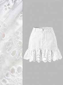 SHEIN MOD Plus Size Women Hollow Embroidery Ruffle Hem Denim Mini Skirt - White - View 2