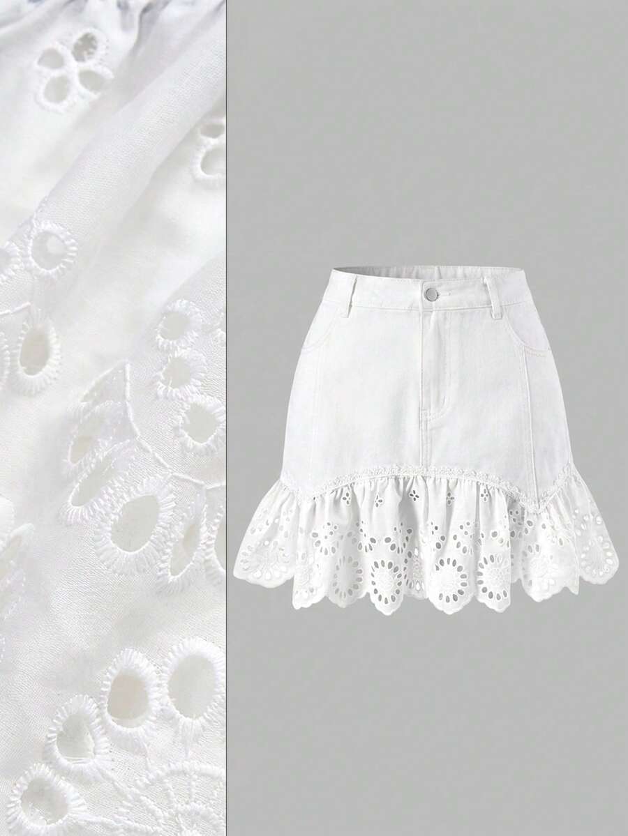 SHEIN MOD Plus Size Women Hollow Embroidery Ruffle Hem Denim Mini Skirt