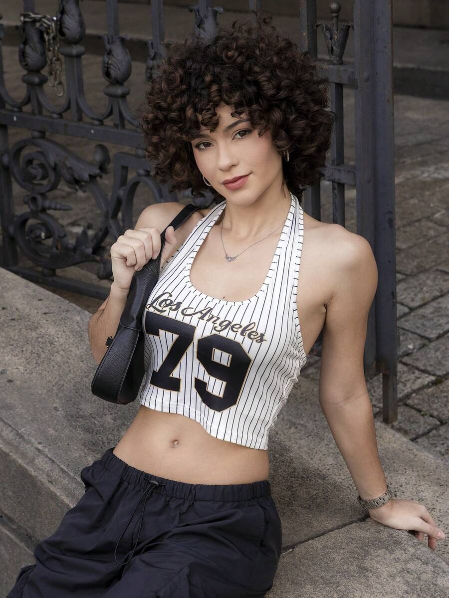 Xuxu's by Gio Damen gestreiftes Tanktop mit Buchstaben-Grafik im Streetstyle, Racerback, lässig - Schwarz und Weiss - Übersicht 1